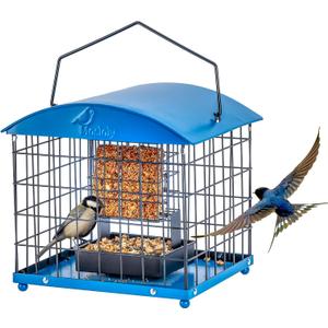 Caged Suet Bird Feeders Squirrel-Proof, Dual-Purpose Suet &Seed Wild Bird Feeders with Tray, Starling-Proof Metal Caged Bird Feeders Outdoors Hanging, 2 Suet Cakes+1lb Seed Capacity, Blue