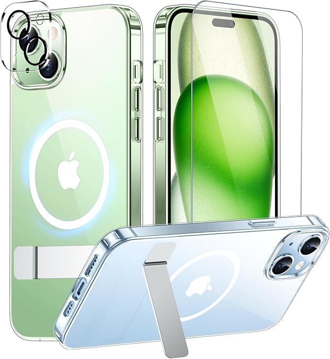 SPIDERCASE Magnetic for iPhone 15 Plus Case/iPhone 14 Plus Case, with 2 Pcs [Tempered Glass Screen Protector+Camera Lens Protector][Military Drop Protection] Kickstand Slim Thin Case,Clear