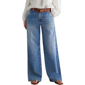 Flamingals Wide Leg Jeans for Women Mid Waist Baggy Stitch Decor Denim Washed Pants Without Belt Petite L