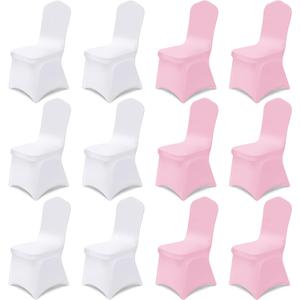 Oudain 12 Pcs Pink White Folding Chair Covers Universal Spandex Slipcovers Washable Removable Stretch Chair Protector Covers for Wedding Birthday Party Decoration