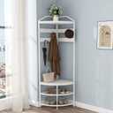 GiftGo Corner Hall Tree with Shoe Bench Entryway Coat Rack with 10 Metal Movable Hooks Freestanding Clothes Rack Shoes Shelf Organizer for Home Office Bedroom (White), 71.3 inches x 18.1 inches x 18.1 inches