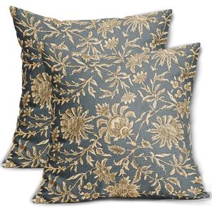 Vintage Floral Pillow Covers 18x18 Set of 2 Dusty Blue Retro Botanical Flower Pattern Print Neutral Decorative Throw Pillow Cases Boho Outdoor Rustic Farmhouse Decoration for Sofa Couch Bed