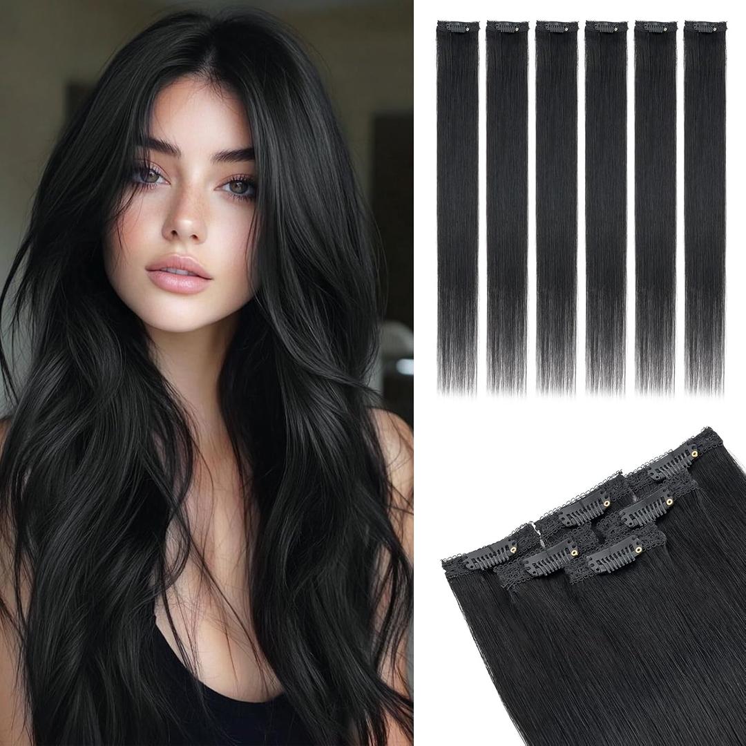 Rich Choices Real Human Hair Clip In Extensions-6 Pcs Single Clip Design-100% Remy Hairs Invisible Clip in Extensions for Thin Hair-Seamless Hairpieces for Women/Men-14 Inches #1Jet Black