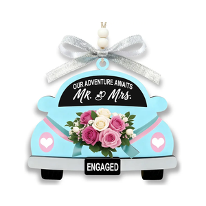 Valentine’s Day Engagement Gift for Couples – “Our Adventure Awaits” Wooden Car Hanging Ornament, Just Engaged Keepsake for Future Mr & Mrs, Romantic Bride to Be Gift, Pack of 2