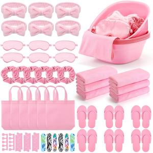 54Pcs Kids Foot Spa Party Supplies for Girl Spa Party Favors 6 Washbasin 6 Tote Bags 6 Hand Towels 6 Toe Separators 6 Hair Scrunchies 6 Hairband 6 Slipper 6 Eye Mask 6 Nail File (Pink)
