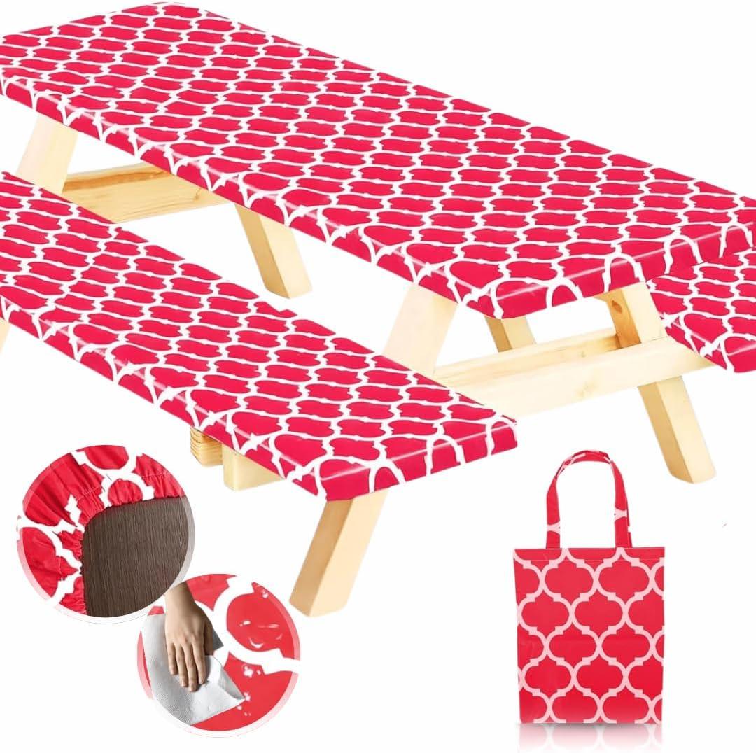 RNOONY 8ft Vinyl Picnic Table Cover with Bench Covers,3PCS Tablecloth with Moroccan Design, Camping Tablecloth and Travel Accessories, Flannel Backing with Elastic Edges,96x30 Inches (Red Moroccan)