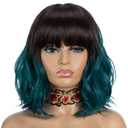NOBLE Synthetic Curly Bob Wig With Bangs Short Bob Wigs Ombre Brown To Green Color Women's Shoulder Length Wigs Curly Wavy Wig Heat Resistant Colorful Daily Party Wig. (12 Inch (Pack of 1)