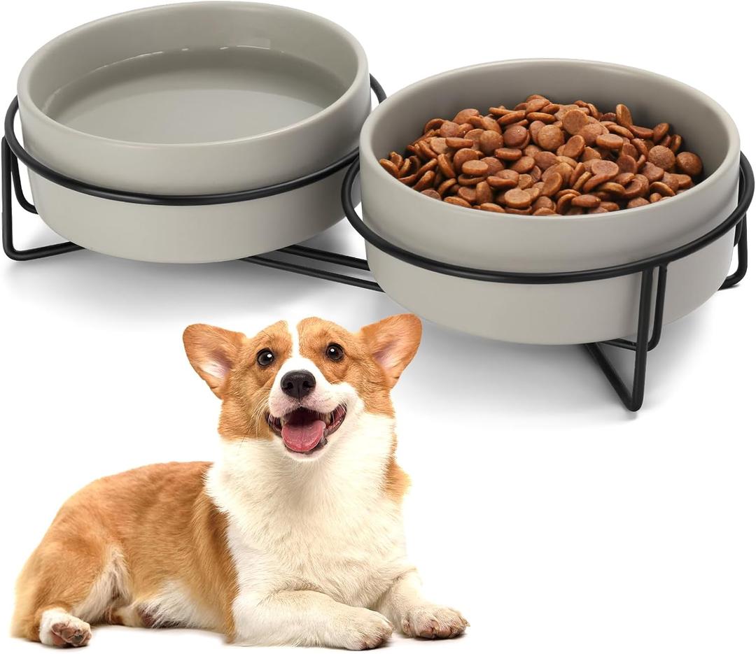 Ceramic Dog and Cat Bowl Set with Stand, 1.7 Cups Dog Food and Water Bowl Suitable for Small and Medium Pets (13.5oz Dark Gray)