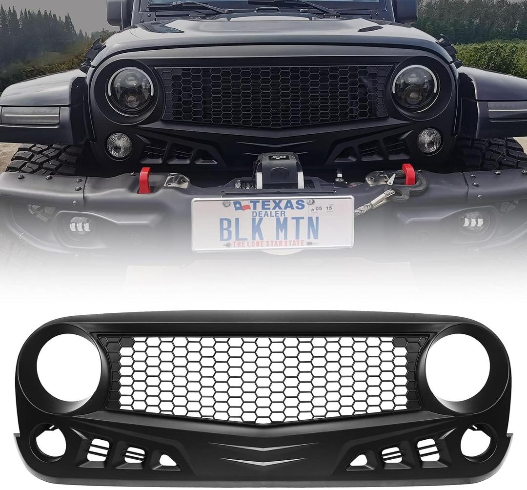 Front Grill w/Mesh Matte Black Grille For Jeep Wrangler 2007-2018 | Rubicon Sahara Sport JK JKU (Challenger)