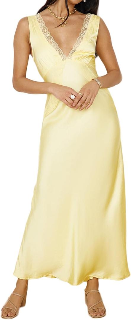 BAGONE Summer Satin Lace V Neck Backless Wedding Guest Maxi Dresses for Women Elegant Sleeveless Open Back Cocktail Dress (Small, Yellow)