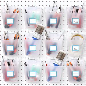 Namalu 12 Pack Pegboard Storage Bins with Labels and Hooks Bulk Peg Board Organizer Accessories Hanging Cup Organizer Pegboard Cup Holder(Transparent) (4.7 x 4 x 5 Inch)