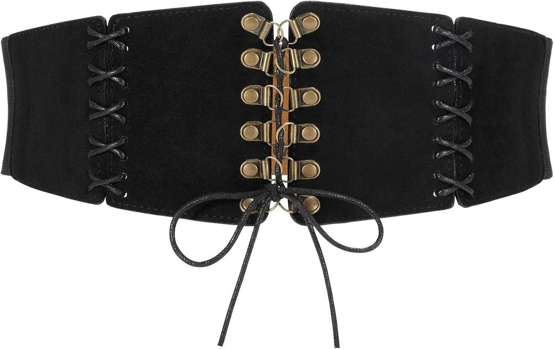 JASGOOD Women Elastic Corset Waist Belt Lace-up Tied Waspie Corset Suede Belts for Dress Halloween Costume (Fits Waist 30"-33", Black)