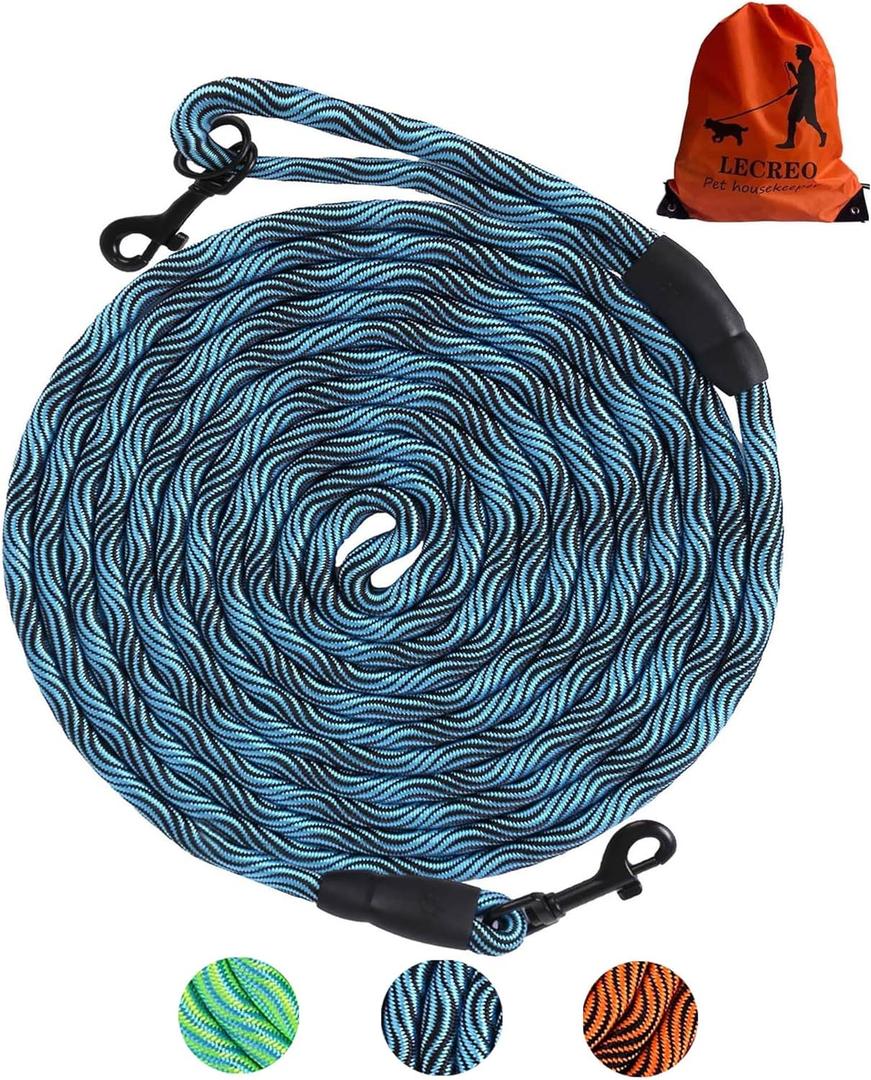 Long Dog Leash Tie-Out Check Cord, 16FT/30FT/50FT/100FT Recall Dog Training Rope Leash, Heavy Duty Dog Lead for Large Medium Small Dogs Playing, Camping, or Backyard (15FT, Blue)