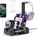 KDD Charging Station with 6 Charging Cables - Fast Charging 6 in 1 Cellphone Charging Dock with Headphone Stand and Watch Holder - 2 AC&USB A&USB C, Storage Station for Smartphone, Tablets, AppleWatch