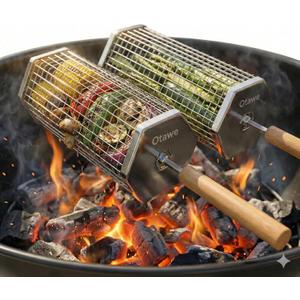 2 Pack Rolling Grill Basket – Stainless Steel Grilling Basket with Lid and Removable Wooden Handle – BBQ Accessories for Vegetables, Shrimp, Meat – Outdoor Cooking Gift for Dad or Husband – Otawe