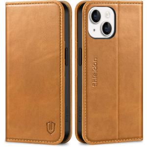 SHIELDON Case for iPhone 15 5G 2023, Genuine Leather Wallet Flip Kickstand RFID Blocking Card Holder Magnetic Shockproof Protective Phone Case Compatible with iPhone 15 6.1" - Brown