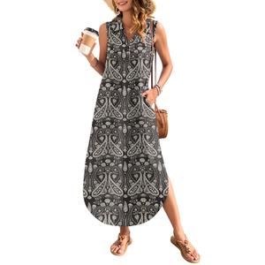 WNEEDU Summer Dresses for Women 2026 Casual V-Neck Sleeveless Long Dress Split Maxi Beach Sundresses Travel Vacation Outfits,Paisley Floral Black S