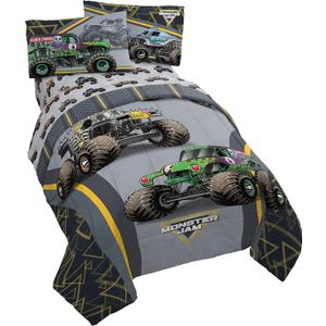 Jay franco Monster Jam MJ Life 5 Piece Full Bed Set-Includes Reversible Comforter&Sheet Set-Bedding Features Grave Digger, Max-D, Megalodon-Super Soft Microfiber-(Official Monster Jam Product)