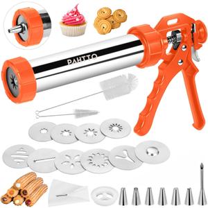 Churro Maker Machine, 3-in-1 Multifunctional Hollow Churros Machine, Churreras para Churros, Stainless Steel Churro/Cookie Making Kit with Piping Bag, 2 Brushes, 10 Discs and 7 Icing Piping Nozzles (Orange)