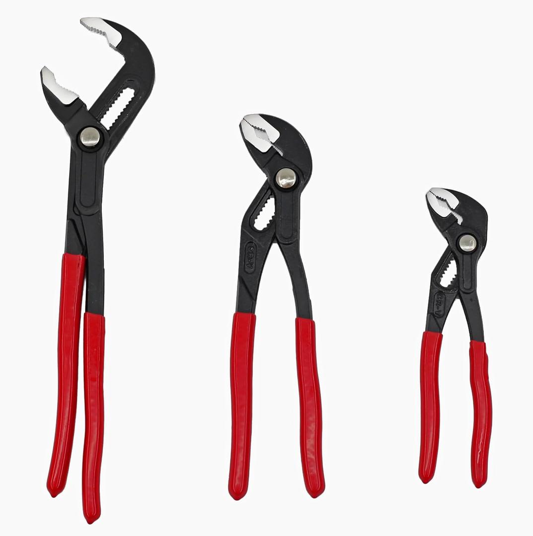 Quick Adjust Groove Joint Pliers Set 7-inch, 10-inch, 12-inch, Groove Wrench Pliers, Water Pump Plier, Durable CR-V Steel Tongue (Red)