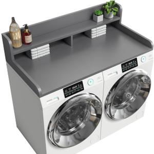 2-Tier Washer Dryer Countertop with 2.75"H Edge Rails, 54" W x 27.55" D Laundry Countertop for Folding Clothes, Washer and Dryer Topper with Non-Slip Pad (Gray), Standard-2 Tier