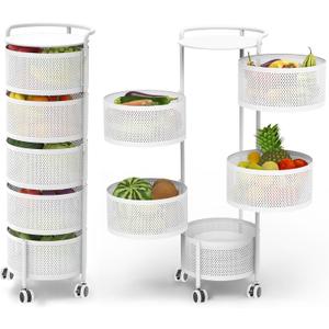 JAQ 5-Tier No Assembly White Rotating Storage Rack, Large Capacity Utility Cart for Kitchen Bathroom Nursery, Heavy Duty Fruit Vegetable Stand, White