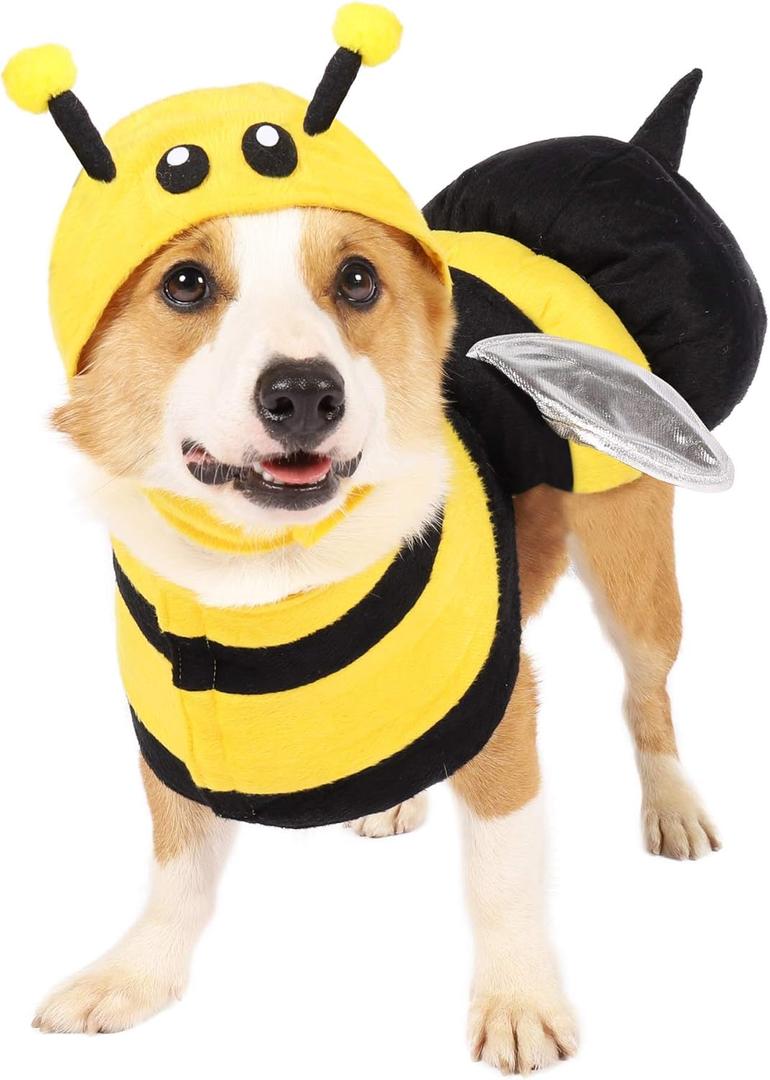 Spooktacular Creations Pet Dog Bee Costume with 3D Bee Hat, Silver Wings for Halloween Dress-up Party, Role Play, Carnival Cosplay, Holiday Decorations Clothes (Large) (Large)