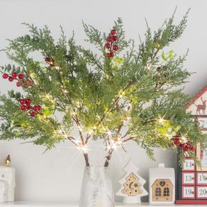 Lighted Artificial Pine Branches for Vases, 28" Christmas Cypress Sprigs with 60 LED Lights, Battery Operated or USB Plug in, Indoor/Outdoor Holiday Decorations (2PCS)