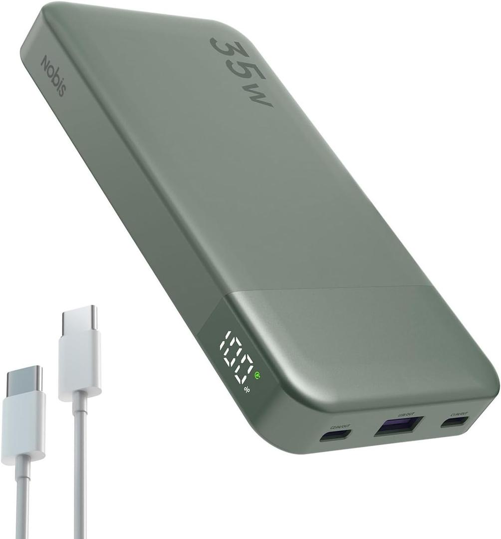 NOBIS Portable Charger, 10000mAh Power Bank Fast Charging, Battery Pack with C to C Cable, Battery Bank with Digital Display for iPhone iPad Android etc (Green, 35W)