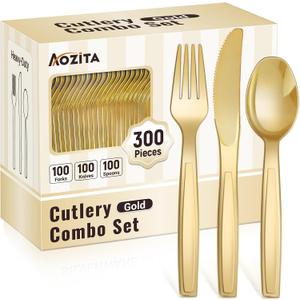 300 Pieces Heavy Duty Gold Plastic Silverware Set, Disposable Gold Cutlery Set Plastic Utensils, BPA-Free and Food Safe, Includes 100 Forks, 100 Spoons and 100 Knives