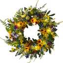 Svndlyn 22 Inch Spring Summer Wreath for Front Door,Sunflower and Daisy with Eucalyptus Leaves,Mixed Flower,Fairy Lights,Artificial Wreath for Front Door Spring Outdoor Home Decor Easter Decor