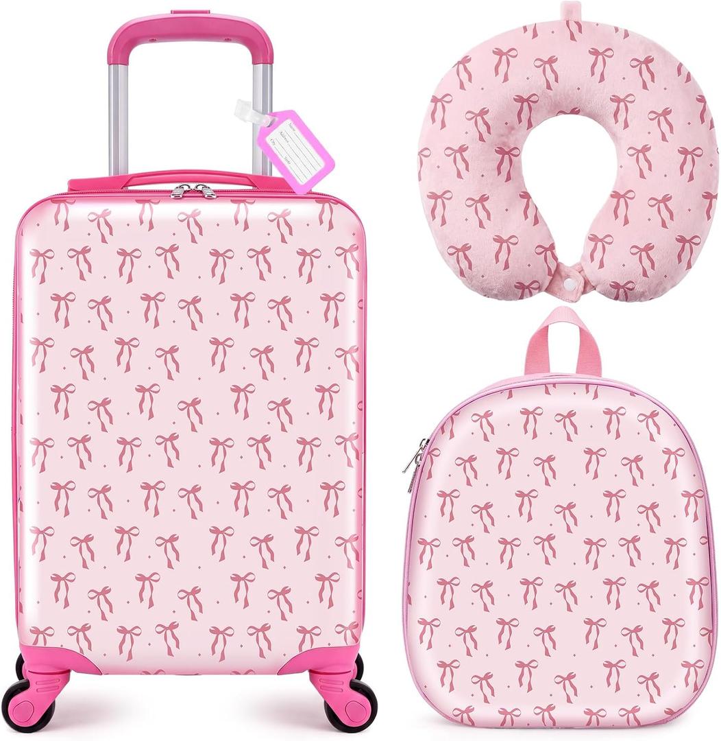 Sanwuta Luggage Sets, 4 Pack, Hardside Suitcases 16 Inch Pink Bow