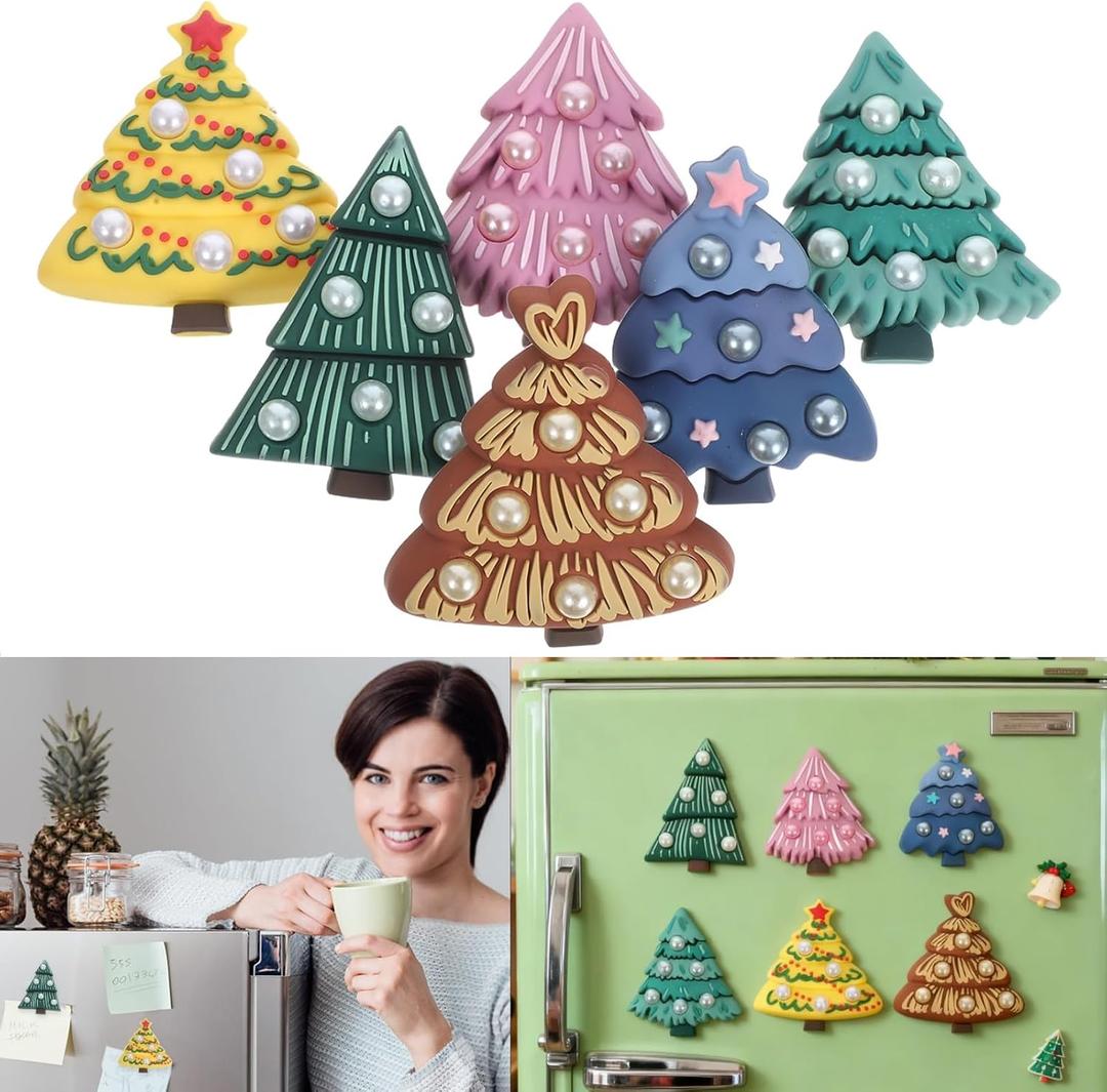 6 Pack 3D Christmas Fridge Magnets, Xmas Tree Magnetic Refrigerator Stickers, Reflective Holiday Magnets for Garage Door, Mailbox, Dishwasher, Locker & Office Decor