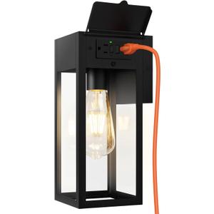 Porch Lights Outdoor Wall Sconce, Outdoor Light with GFCI Outlet, Waterproof Exterior Wall Lantern Light Fixtures, Anti-Rust Wall Lamp with Clear Glass for Patio Doorway Garage- Black, 1 Pack