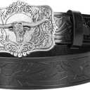 UTOWO Rodeo Western-Longhorn-Bull Cowboy-Belt for Women-Men Bull-Floral-Embossed PU-Leather Cowgirl Waist Belt for Jeans (Black)