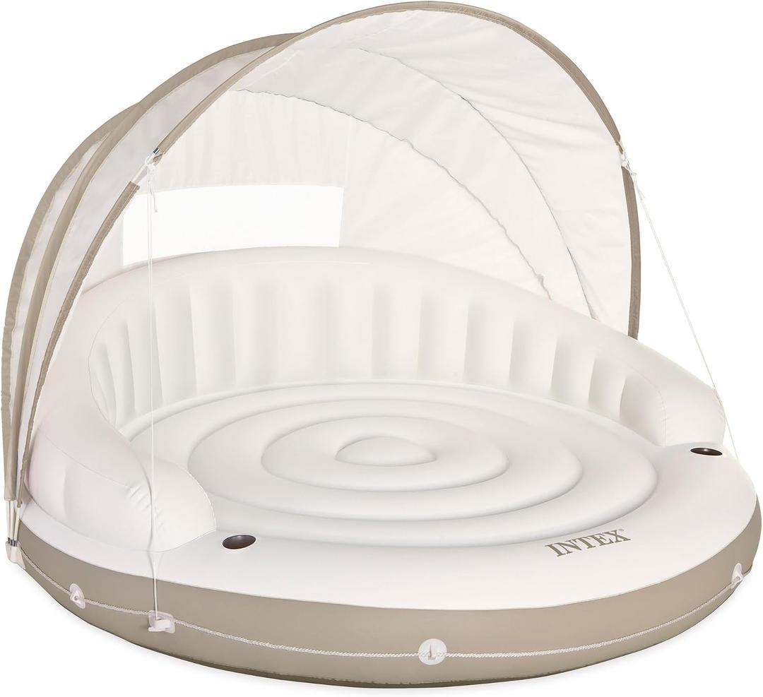 Intex 58292EP Canopy Island Inflatable Pool Float: Comfortable Lounge Surface Built-in Cup Holders Detachable Sunshade 440lb Max Weight Capacity 78.5" x 59"