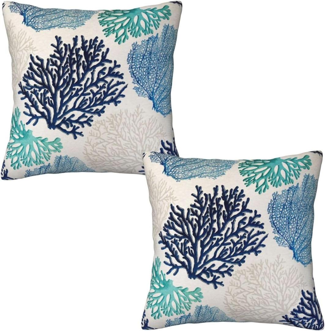 Coastal Beach Coral Throw Pillow Covers 16x16 in Set of 2, Decor Decorative Blue Ocean Pillow Case Square Cushion Covers for Sofa Bed Couch Living Room