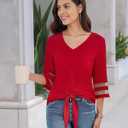 Women's V Neck Mesh Panel Sleeve Tops Tie Knot Hem Tops 2025 Summer Casual Blouses 3/4 Bell Sleeve Loose Shirt