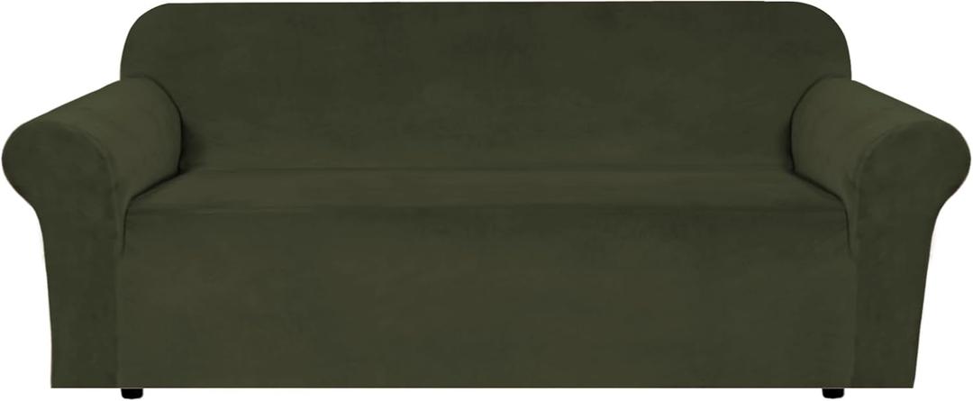 H.VERSAILTEX Stretch Velvet Sofa Covers for 3 Cushion Couch Covers Furniture Protector Soft with Non Slip Elastic Bottom, Crafted from Thick Comfy Rich Velour (Large Sofa 90"-97", Olive)