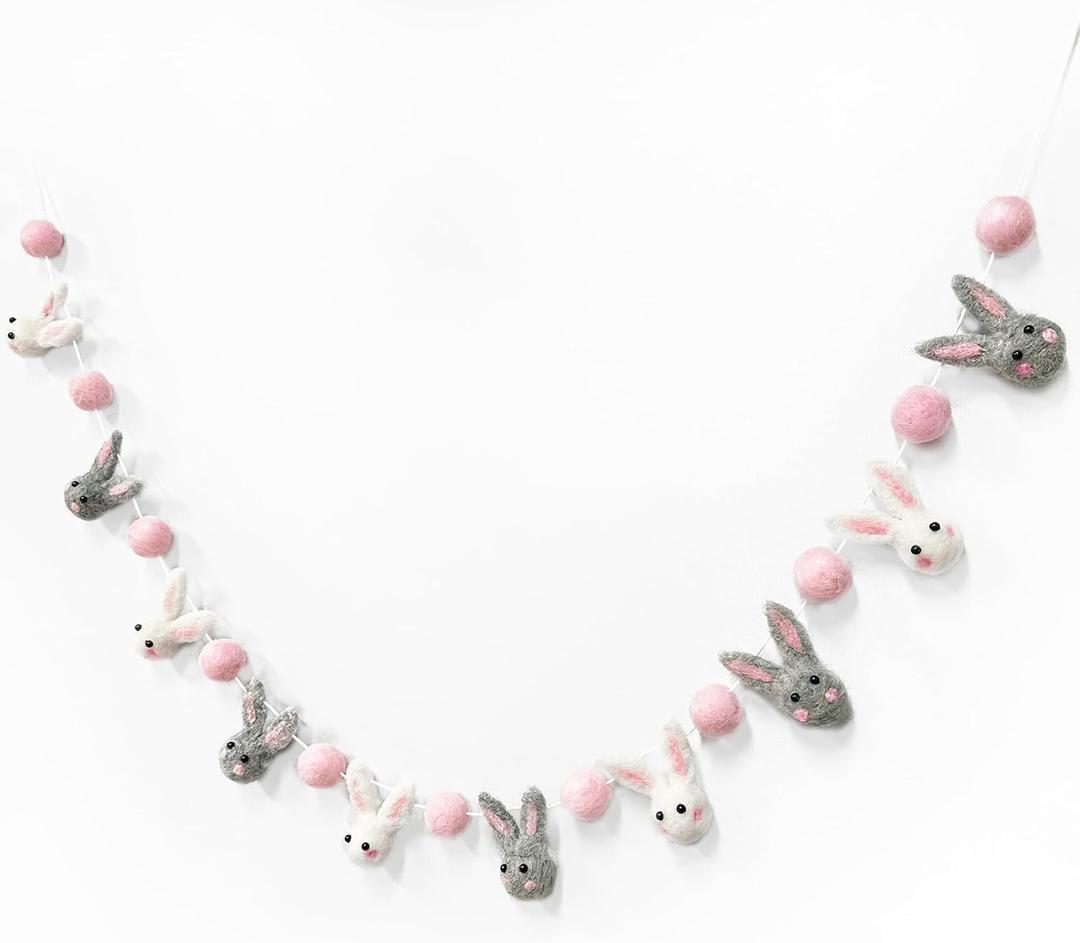 pinkblume Easter Felt Garland Wool Rabbit Pom Pom Banner,Handmade Bunny Ball Garland for Easter Holiday Baby Shower/Some Bunny is One/Nursery Decorations/Wall Hanging Decor(White/Pink/Grey)