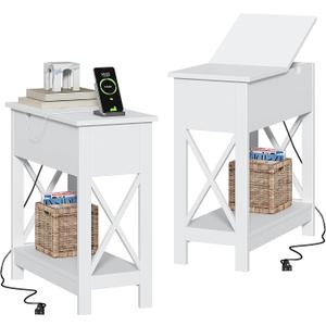 ChooChoo End Tables Living Room Set of 2, Side Table with Charging Station, White