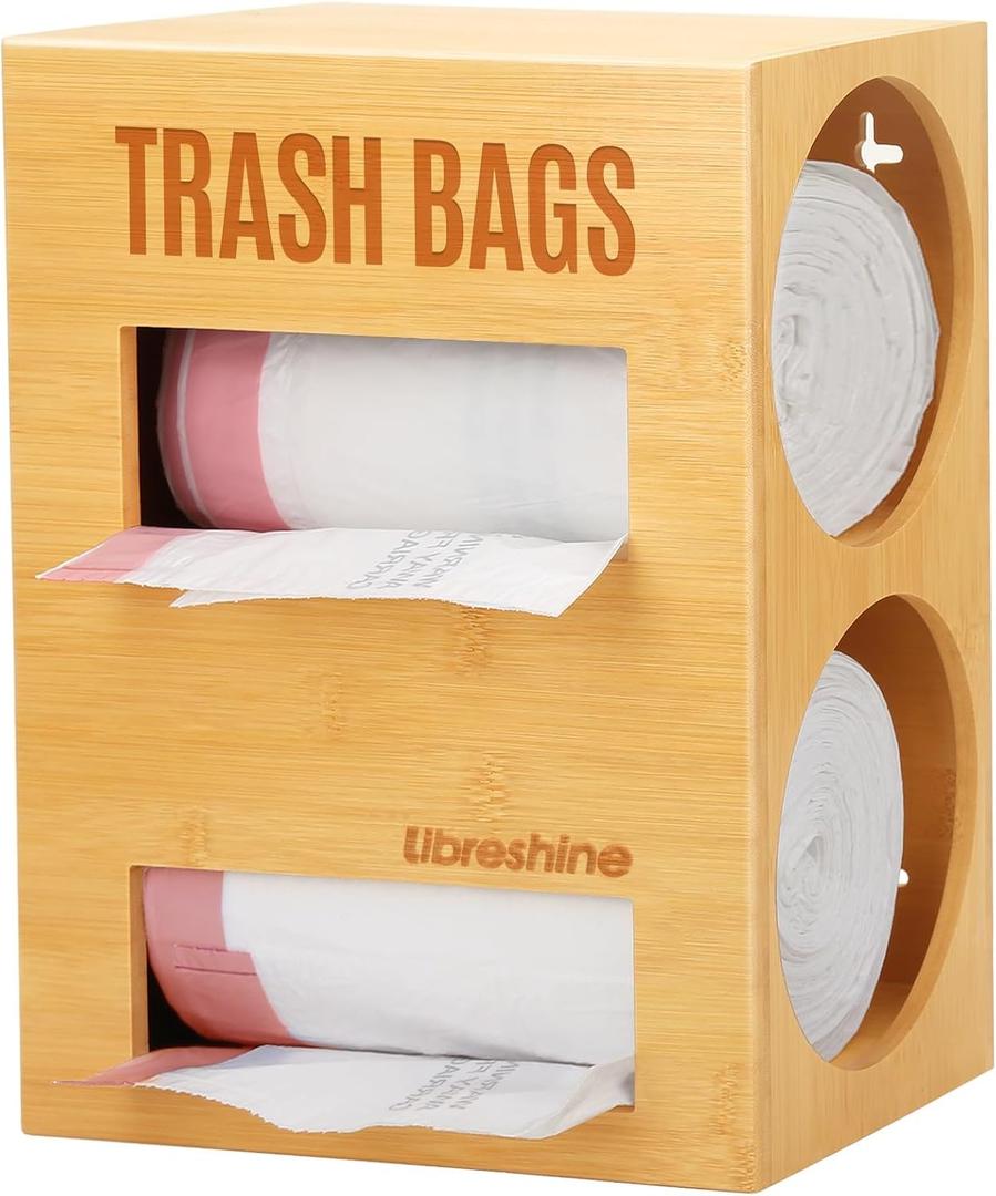 Libreshine Extra Large Bamboo 2-in-1 Trash Bag Dispenser & Roll Holder  Fits Costco Kirkland & Members Mark Jumbo Rolls, Wall/Under-Sink/Cabinet Mountable, Dual-Slot Storage for 2 Rolls