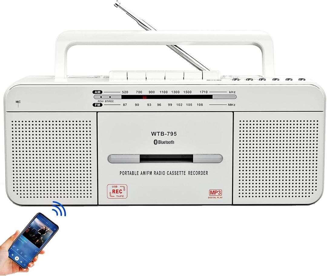 Cassette Player Boombox, Portable AM/FM Radio Stereo with Bluetooth, USB, Dual Big Speaker, Earphone Jack, Record to Cassettes/USB via Mic,Cassette to MP3 Converter,AC/DC Powered