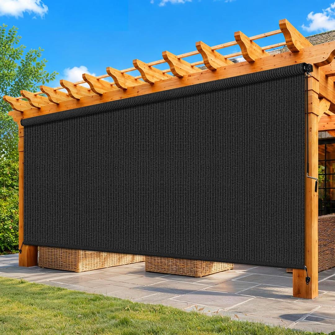 12'W x 8'H Black Outdoor Roller Shade with Crank Wand Patio Shades Roll up, Privacy Protection & UV Blocking for Pergola | Gazebo, 144"W x 96"H