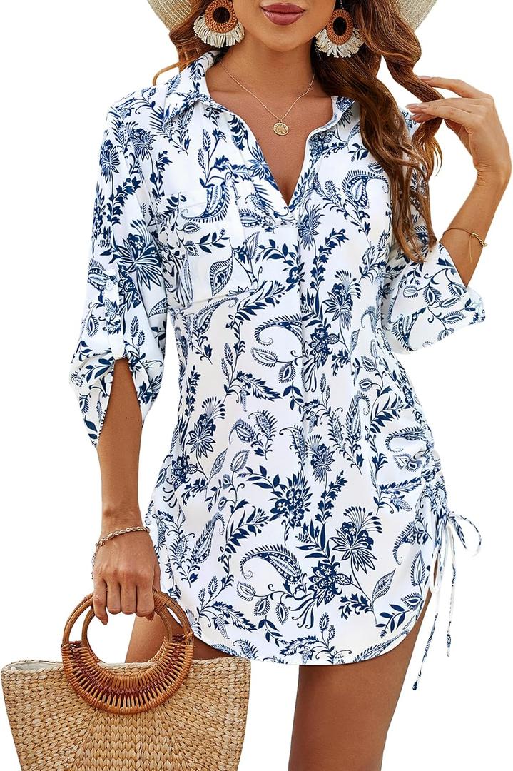 Blooming Jelly Womens Bathing Suit Cover Ups Bikini Swimsuit Coverup Drawstring Beach Dress Shirt (Medium, Floral White)