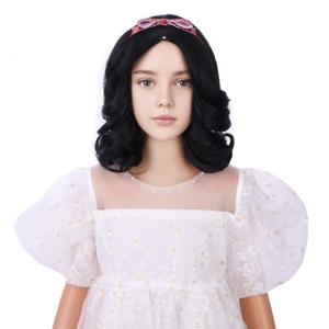 Girls Black Wig with Headband Kids Short Natural Black Wavy Curly Wig Children Middle Part Wigs Heat Resistant Synthetic Wigs with Cap