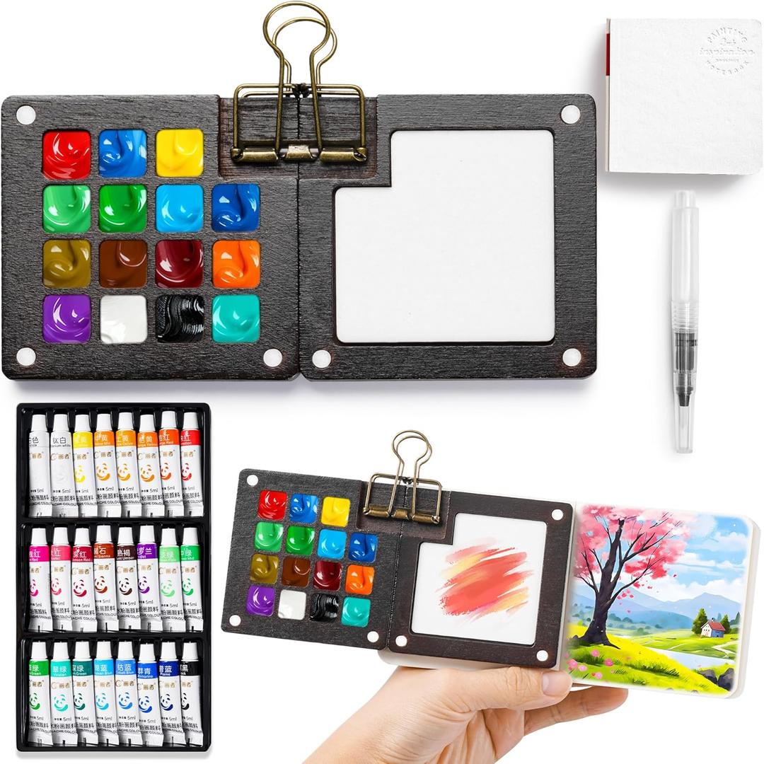 Mini Watercolor Paint Set, 24 Colors Portable Pocket Watercolour Travel Kit with 15 Grid Wood Paint Palette, Sketchbook, Metal Clip, Water Brush for Painters Artists Students