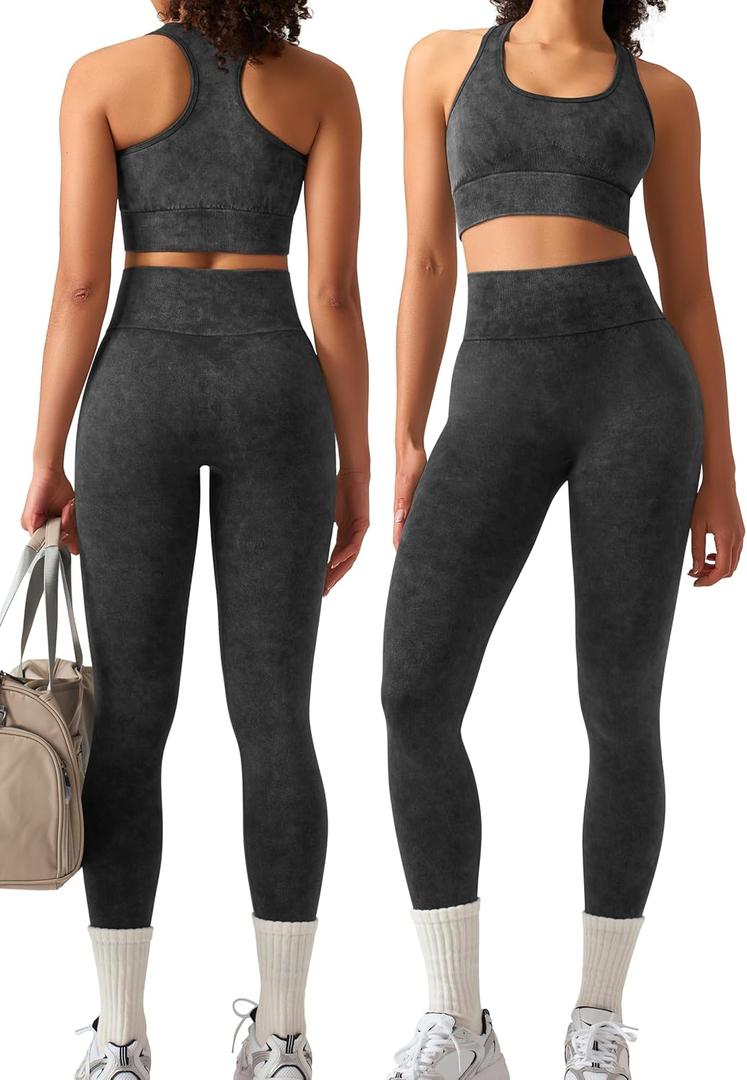 OLCHEE Womens Workout Sets 2 Piece - Acid Wash Seamless Yoga Outfits High Waist Leggings Padded Racerback Sports Bra Gym Set (Large, Black)