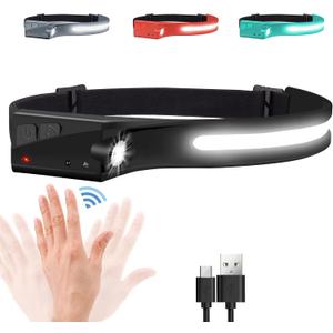 EGUKU Headlamp Rechargeable, Rechargeable LED Headlamps 1200Lumens 2 COB 230Wide Beam Headlight with Motion Sensor Bright 5 Modes Lightweight Waterproof Head Lamp for Outdoor Running, Camping Hiking (Magic Black)