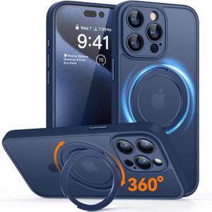 CANSHN 360 Spin Magnetic Stand for iPhone 15 Pro Max Case [Full Camera Protection] [Compatible with Magsafe] [Translucent Matte] Shockproof Protective Kickstand Phone Cover 6.7" - Deep Blue